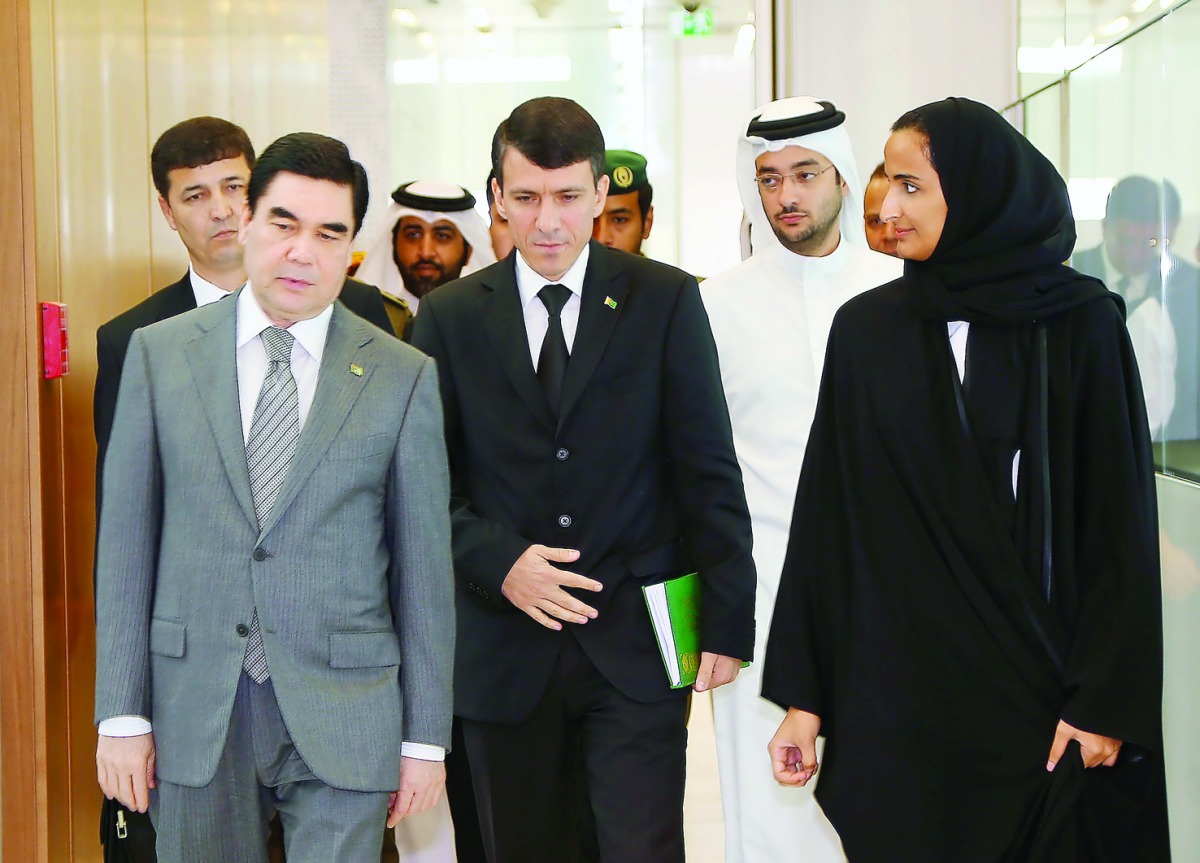H E Sheikha Hind bint Hamad Al Thani, Vice Chairperson and CEO of Qatar Foundation (QF), with the President of Turkmenistan, Gurbanguly Berdimuhamedow, at QF Headquarters yesterday.