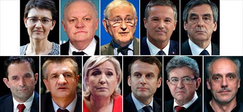 A combination picture shows candidates for the French 2017 presidential election, 1st row L-R : Nathalie Arthaud, France's extreme-left Lutte Ouvriere political party (LO) leader, Francois Asselineau, UPR candidate, Jacques Cheminade, Nicolas Dupont-Aigna