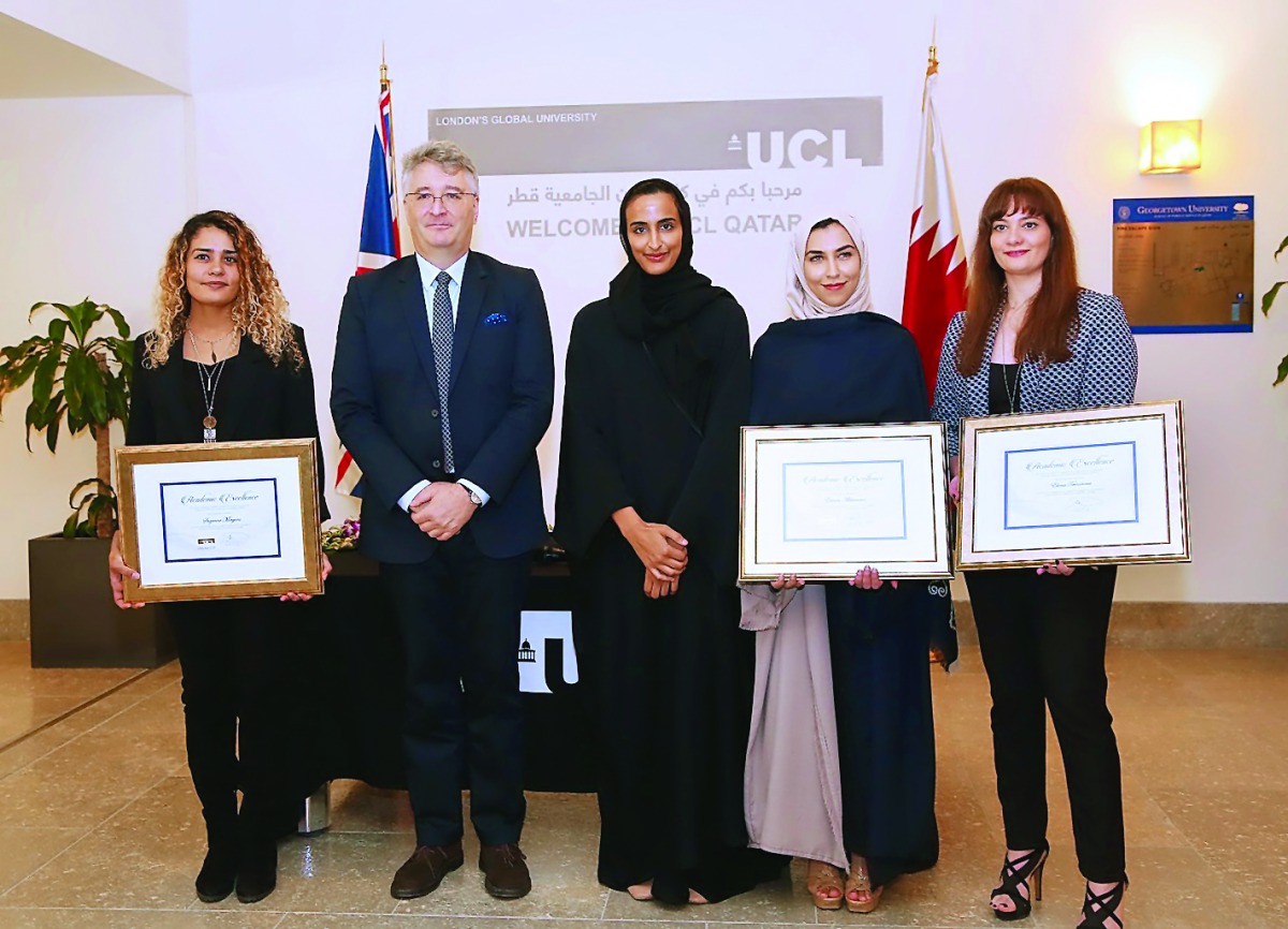 H E Sheikha Hind bint Hamad Al Thani and UCL Qatar Director Dr Sam Evans with recipients of the UCL Qatar Academic Excellence Scholarship.