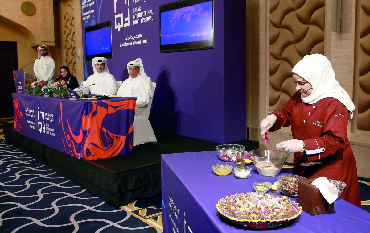 A live demonstration by famous Qatari Chef Aisha Al Tamimi at the Food Festival press conference held at Sharq Village and Spa, yesterday. Qassim Rahmatullah / The Peninsula