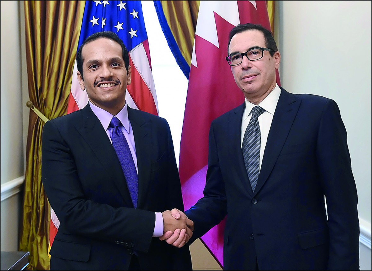 Foreign Minister H E Sheikh Mohamed bin Abdulrahman Al Thani with the United States Secretary of the Treasury, Steven Mnuchin, in Washington.
