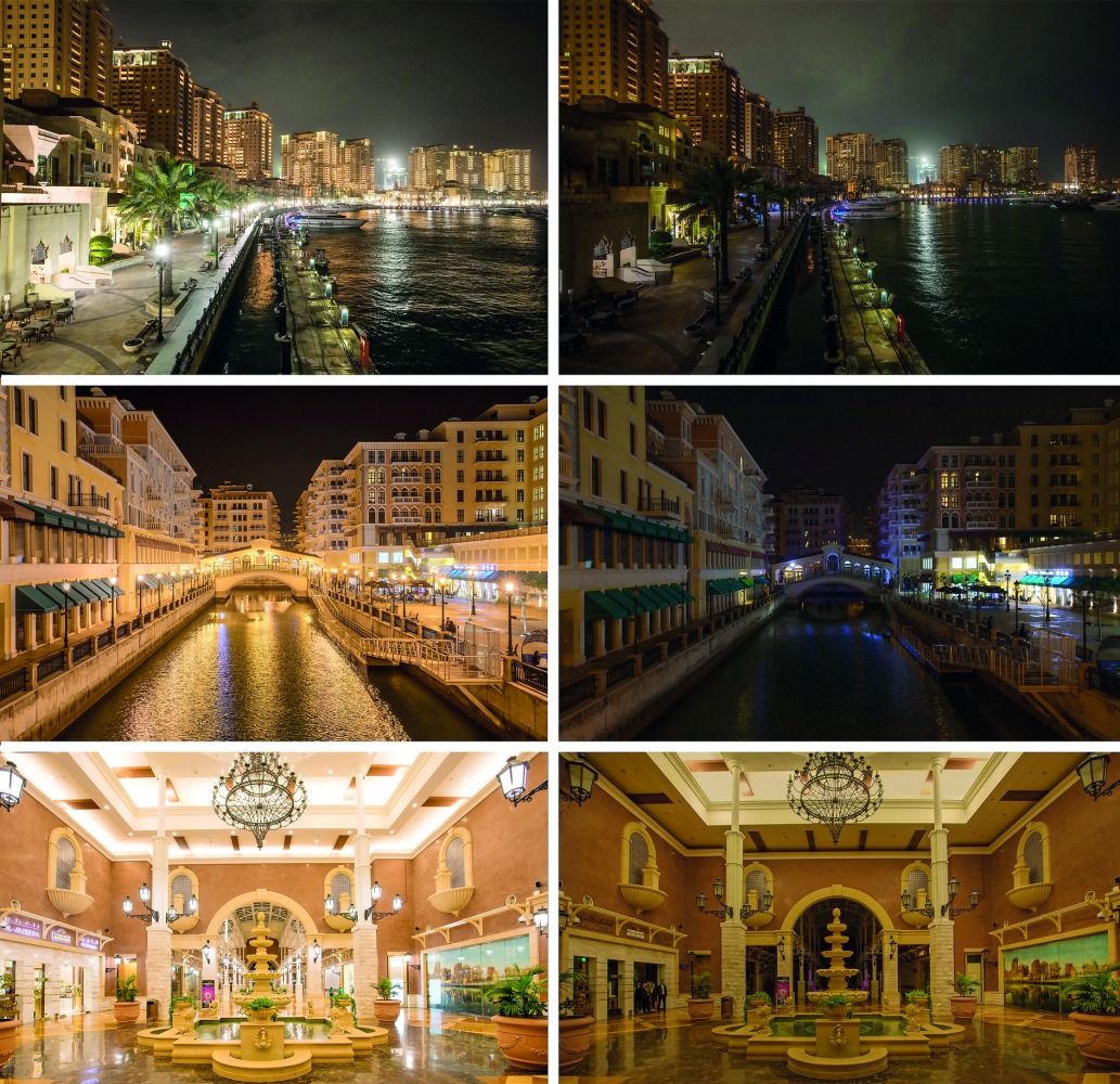 The Pearl-Qatar before (left) switching off, and during (right) Earth Hour on Saturday.