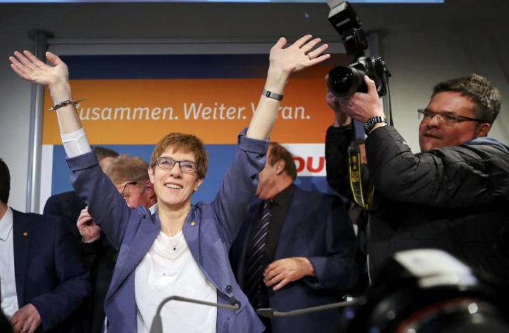 Annegret Kramp-Karrenbauer, State Minister-President and top candidate of the Christian Democratic Union Party (CDU) reacts after the Saarland state elections in Saarbruecken, Germany, March 26, 2017. REUTERS/Kai Pfaffenbach.