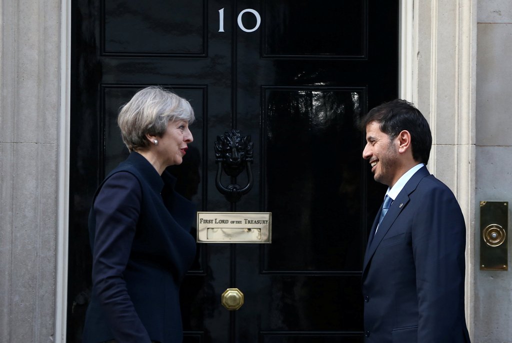 Britain's Prime Minister Theresa May greets Qatar's Prime Minister and Minister of Interior  H E Sheikh Abdullah Bin Nasser Al Thani at Downing Street in London, Britain March 27, 2017. REUTERS/Neil Hall
