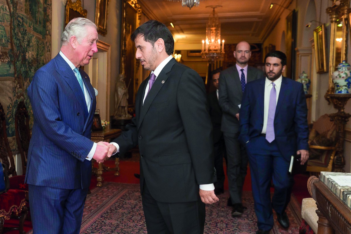 Prime Minister and Interior Minister H E Sheikh Abdullah bin Nasser bin Khalifa Al Thani with Prince Charles at the Clarence House Palace in London, on the occasion of the Qatar-UK Business and Investment Forum. 