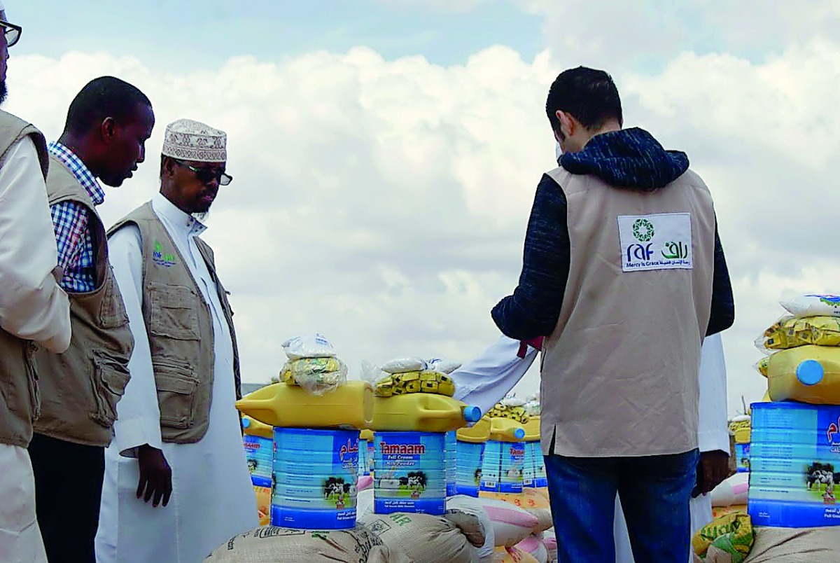 A RAF team inspecting food baskets at a distribution centre in Kenya.