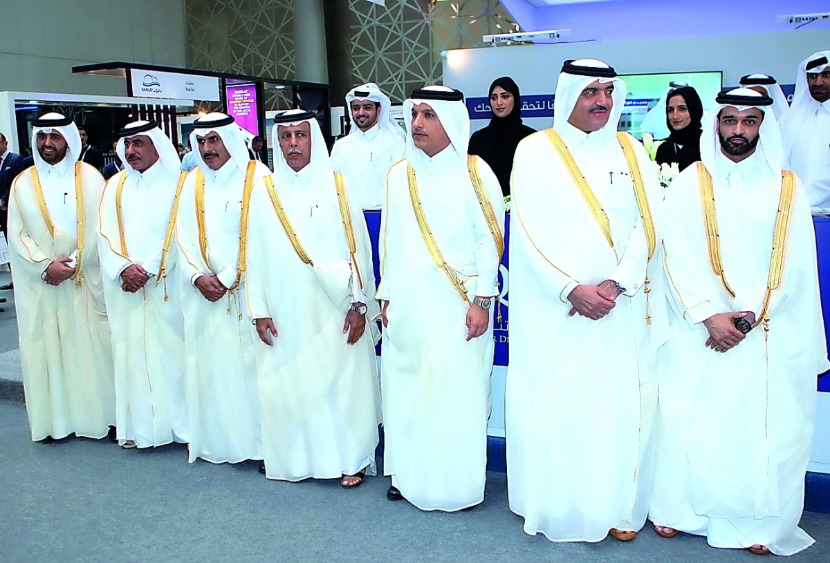 Deputy Prime Minister and Minister of State for Cabinet Affairs, H E Ahmed bin Abdullah bin Zaid Al Mahmoud (centre); Minister of Finance H E Ali Sherif Al Emadi (third right); Minister of Municipality and Environment H E Mohamed bin Abdullah Al Rumaihi (