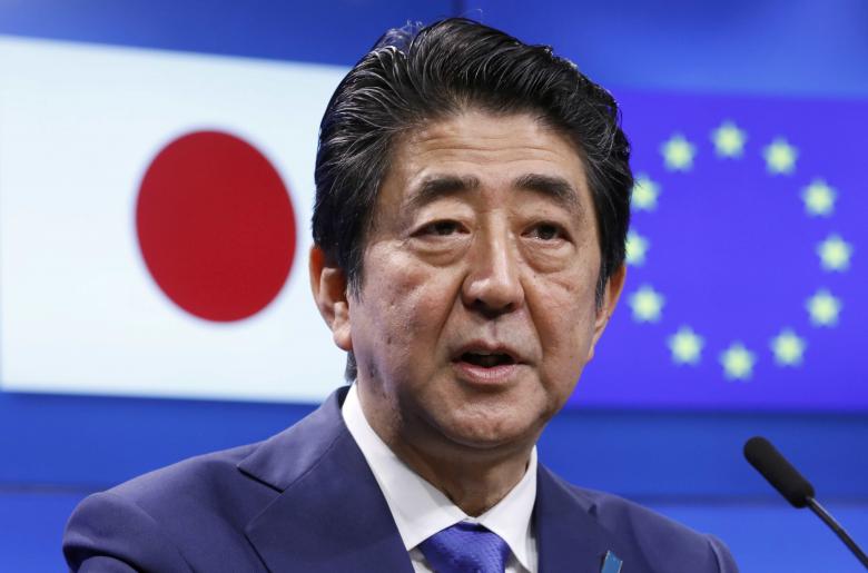 Japanese Prime Minister Shinzo Abe speaks at the EU headquarters in Brussels, Belgium, March 21, 2017. Reuters/Yves Herman
