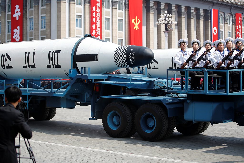 Military vehicles carry missiles with characters reading 'Pukkuksong' during a military parade marking the 105th birth anniversary of country's founding father, Kim Il Sung in Pyongyang, North Korea April 15, 2017. REUTERS/Damir Sagolj