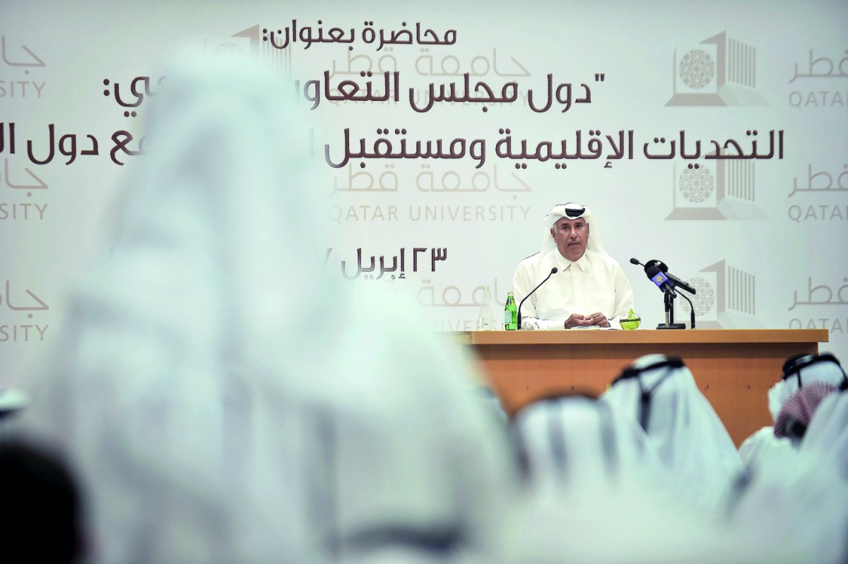 H E Sheikh Hamad bin Jassim bin Jaber Al Thani, former prime minister, giving a lecture about GCC Regional Challenges and the Future of the Relations with the Neighbouring Countries, at Qatar University yesterday. Pic: Baher Amin / The Peninsula