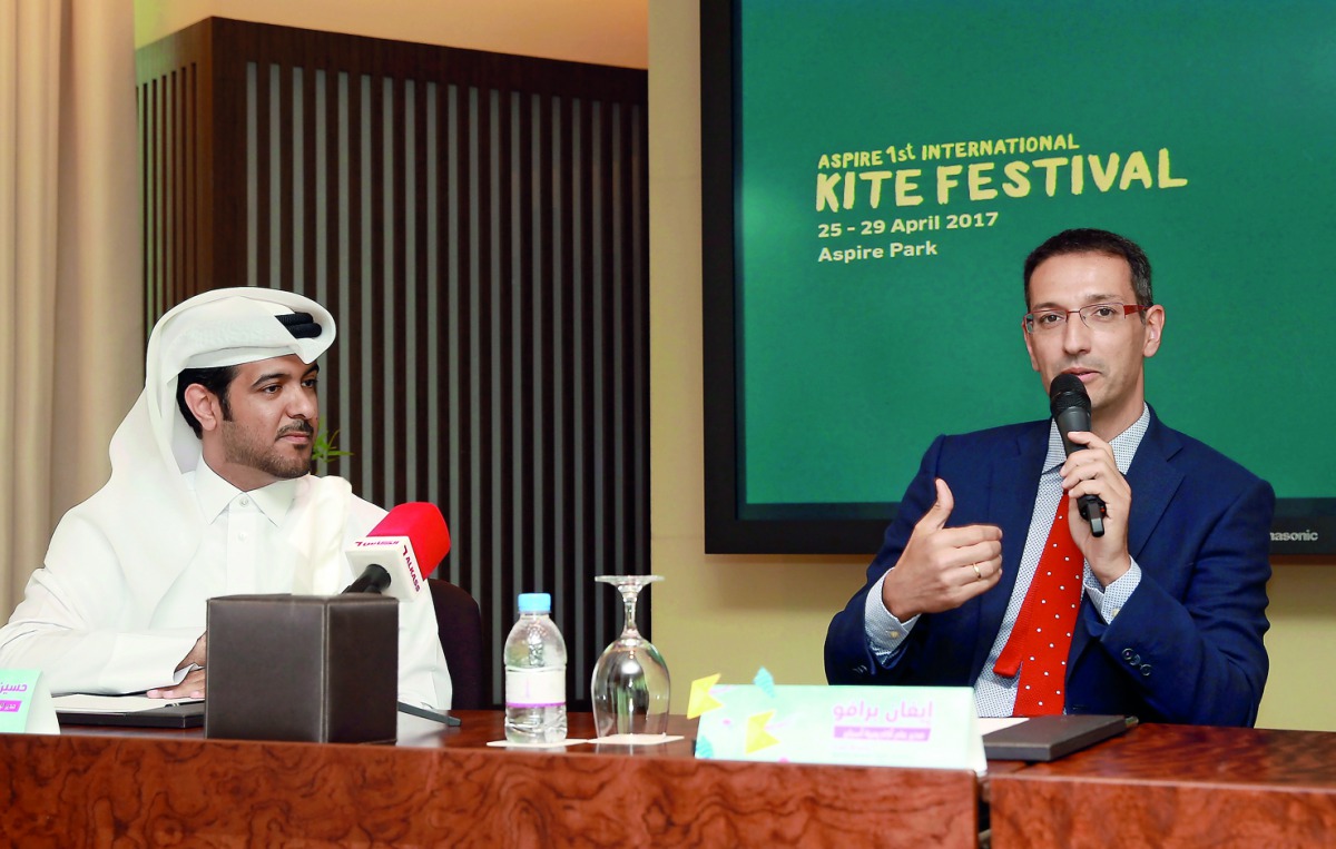 Mohamed Al Suwaidi, CEO, Aspire Zone Foundation, and Ivan Bravo, Director General of Aspire Academy, addressing the media at the Torch Hotel yesterday. Pic: Qassim Rahmatullah / The Peninsula