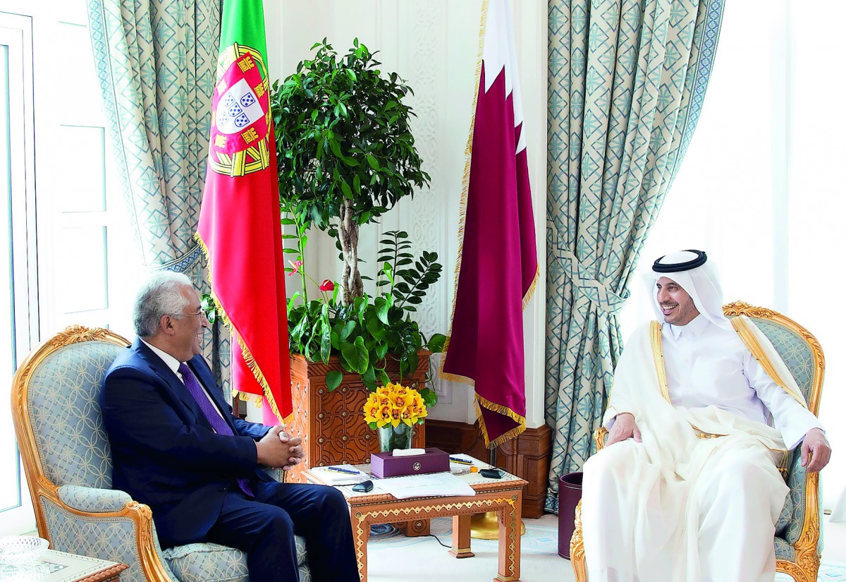 Prime Minister and Interior Minister H E Sheikh Abdullah bin Nasser bin Khalifa Al Thani with Prime Minister of the Portuguese Republic, Antonio Costa, at the Emiri Diwan yesterday. The Prime Minister held a luncheon banquet in honour of Antonio Costa and