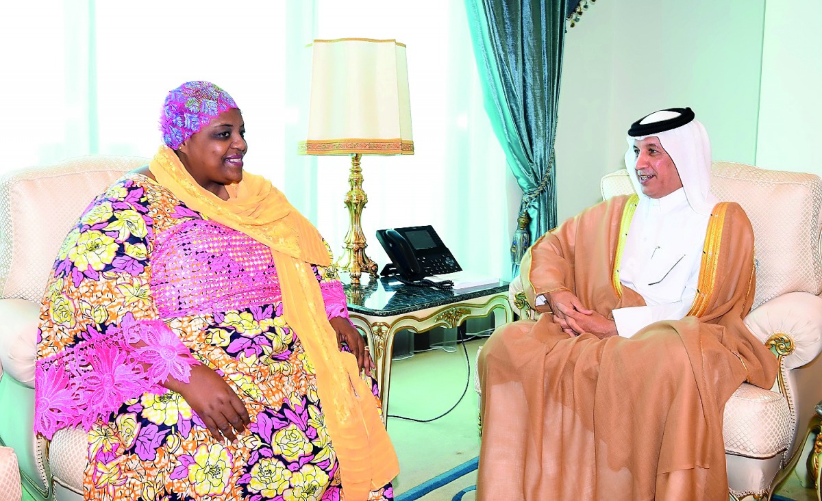 Minister of State for Foreign Affairs H E Sultan bin Saad Al Muraikhi with Fatma Mohammed Rajab, Ambassador of Tanzania to Qatar, yesterday.