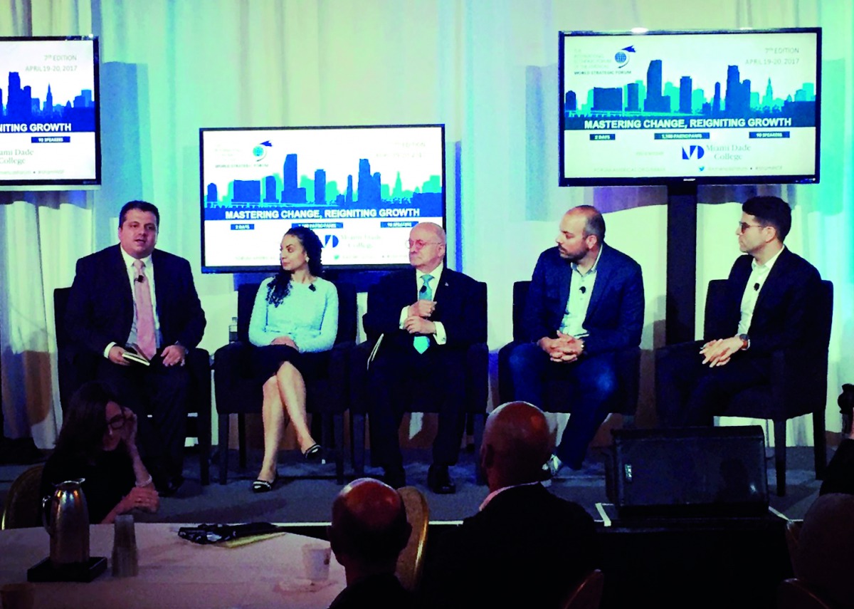 Stavros Yiannouka (left), CEO, WISE, leads a panel on 21st century skills at the World Strategic Forum in Miami, USA.