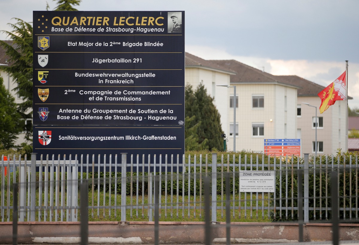 FILE PHOTO: A board with the names of several French and German military units including the Jaeger Battalion 291 (Light Infantry) is seen at the entrance of the 