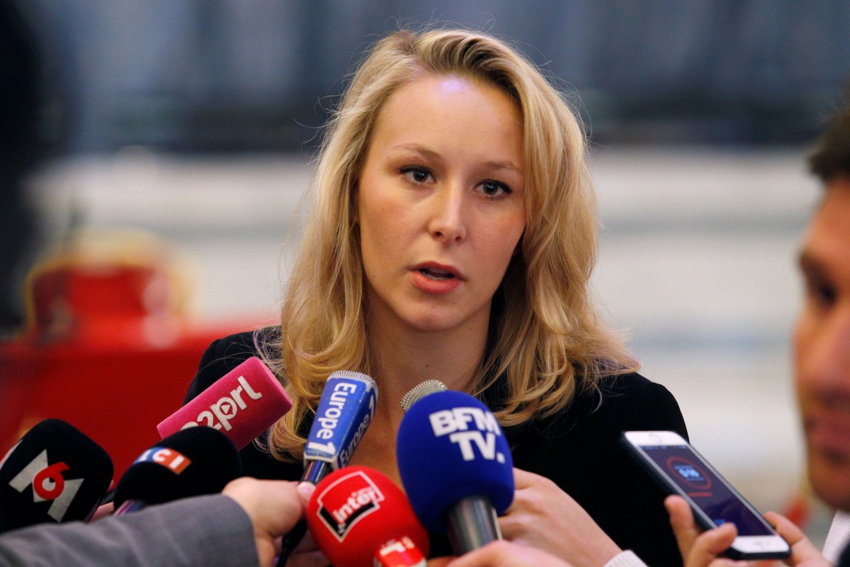 This file photo taken on April 29, 2017 shows French far right party Front national members of Parliament Marion Marechal-Le Pen speaking to the press at the FN headquarters in Paris. AFP / Geoffroy Van Der Hasselt