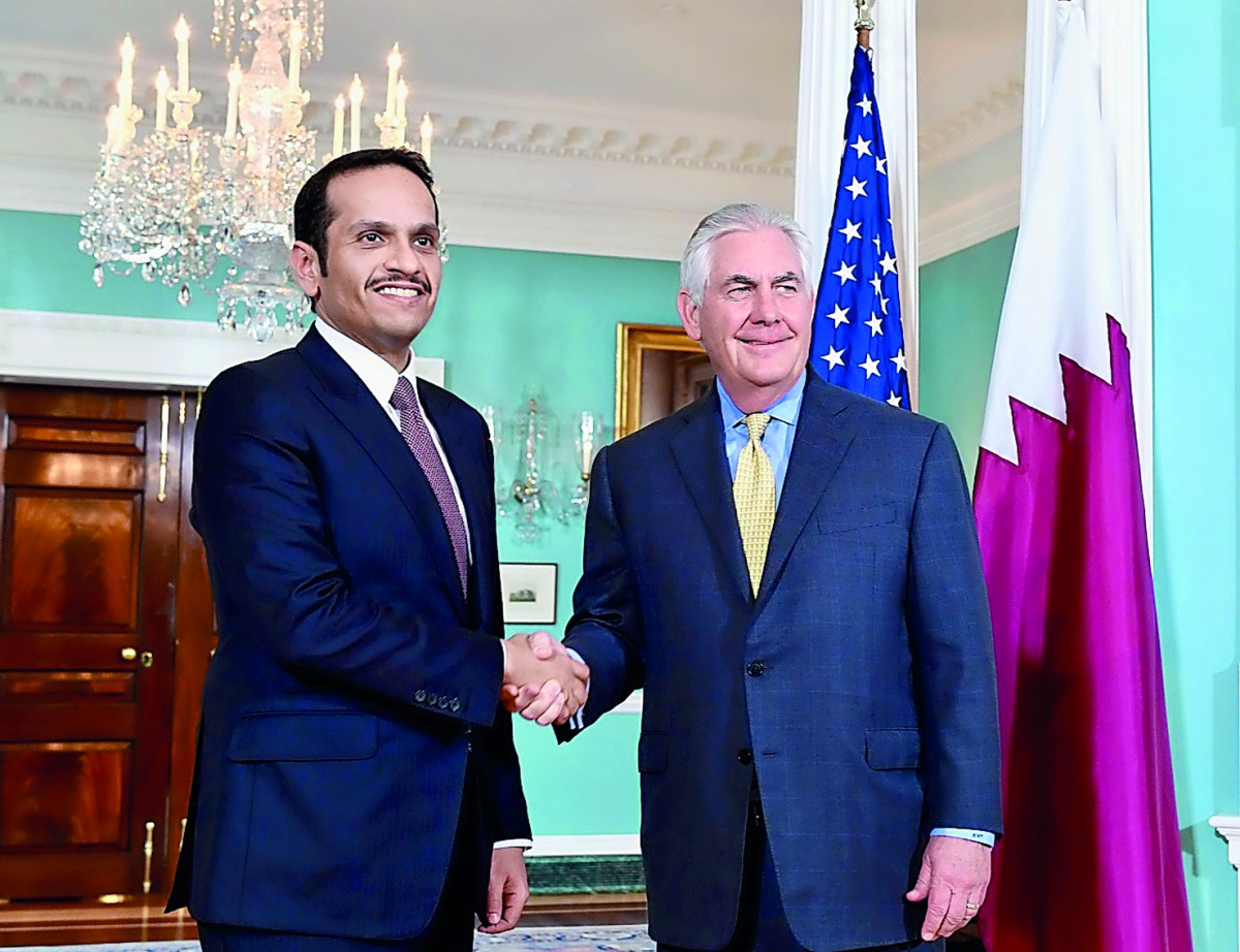 Minister of Foreign Affairs H E Sheikh Mohammed bin Abdulrahman Al Thani with US Secretary of State Rex Tillerson in Washington, yesterday. The meeting reviewed the latest developments in the region, especially in Syria.
