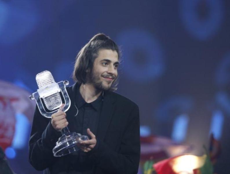 Portugal's Salvador Sobral celebrates after winning the grand final of the Eurovision Song Contest 