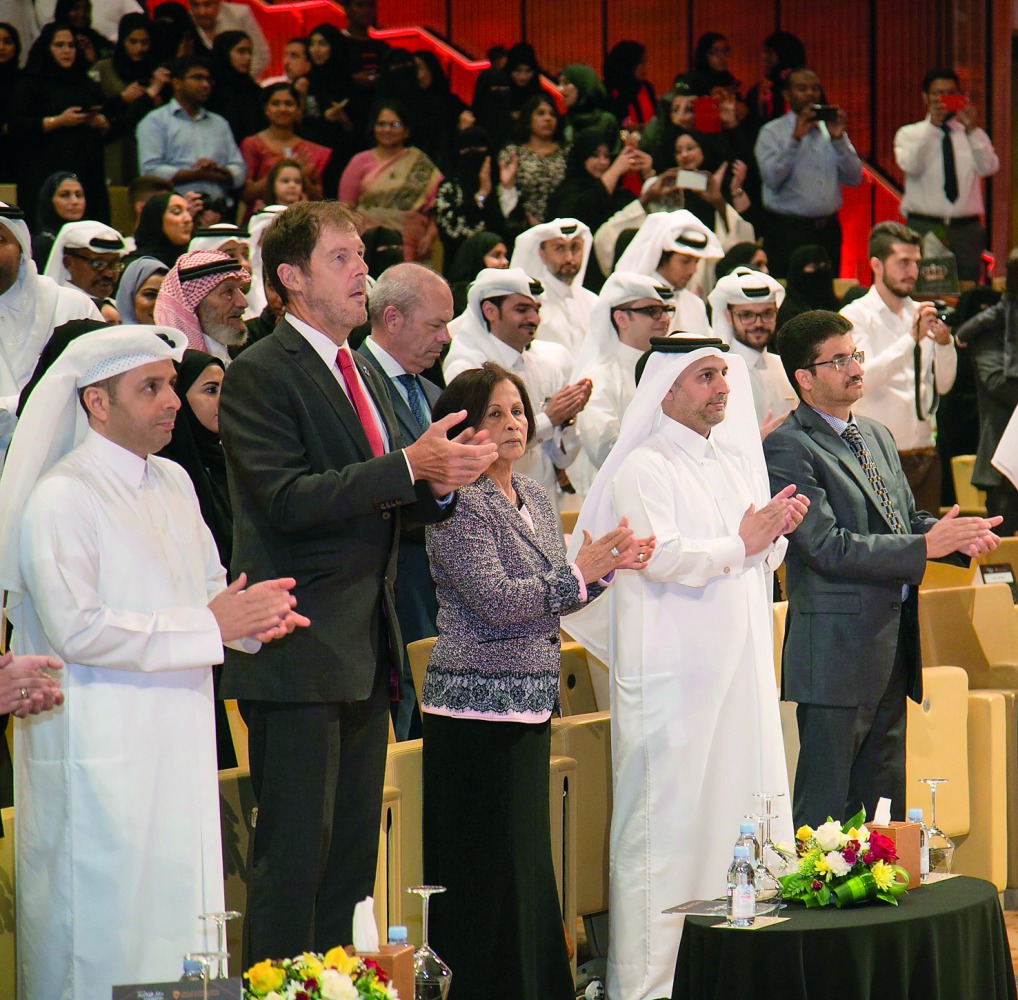 Minister of Education and Higher Education, H E Dr Mohammed bin Abdul Wahed Al Hammadi, and other dignitaries at the UCQ 2017 Convocation ceremony at the Qatar National Convention Center. 