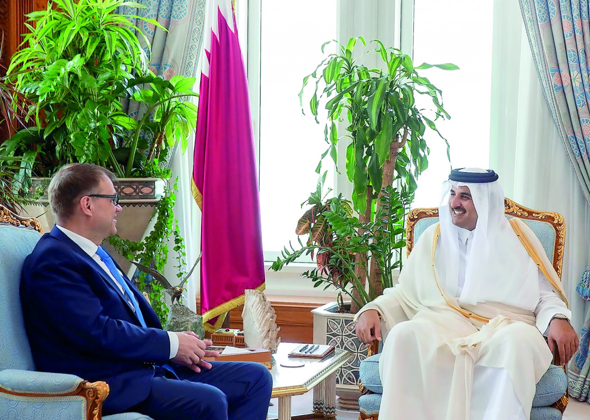 Emir H H Sheikh Tamim bin Hamad Al Thani with Prime Minister of the Republic of Finland, Juha Sipila, who is in Qatar to attend the 17th Doha Forum.
