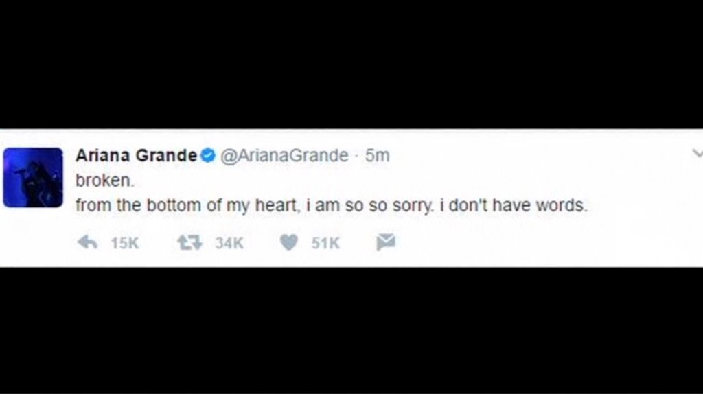A tweet from U.S. singer Ariana Grande is seen as she makes her first comment since a bombing at her concert in Manchester, England, May 23, 2017. Ariana Grande/Twitter/via Reuters TV 