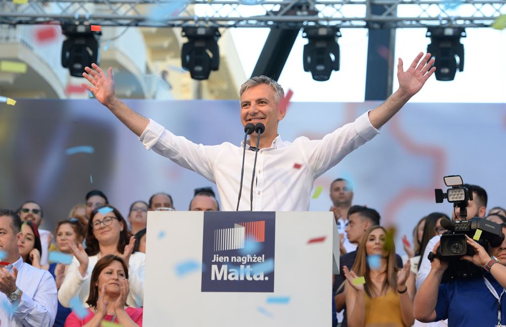 Maltese opposition Nationalist Party leader Simon Busuttil, speaks during a campaign meeting on May 28, 2017 in Sliema, Malta. Malta OUT / AFP / Matthew Mirabelli