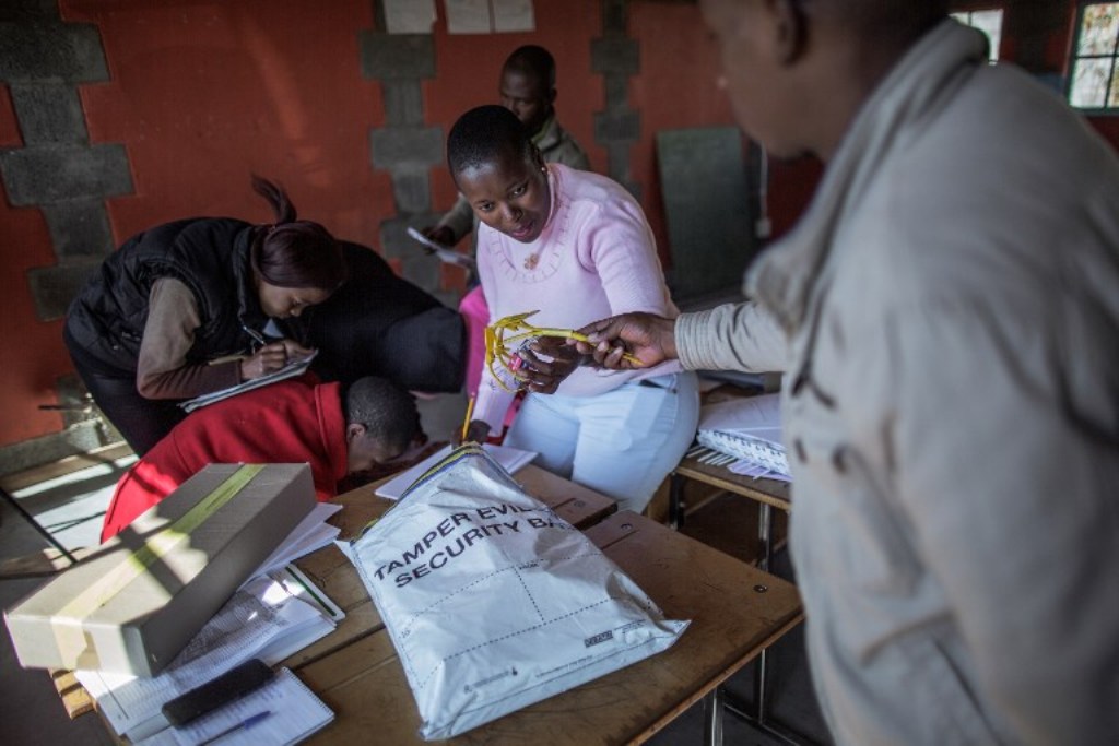 Independent Electoral Commission marshalls set up voting station on the eve of the country's general elections on June 2, 2017 in Maseru, Lesotho. Lesotho will hold elections on June 3, the landlocked kingdom's second snap poll in three years as political