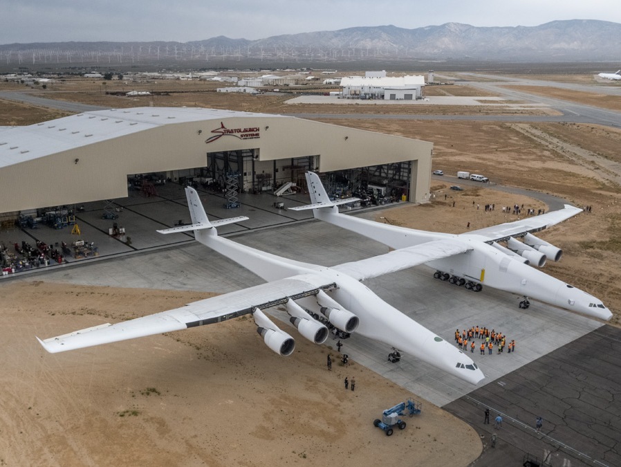 Paul Allen's Stratolaunch airplane emerges from its hangar in Mojave, Calif., on May 31. (Courtesy of Stratolaunch Systems Corp)
