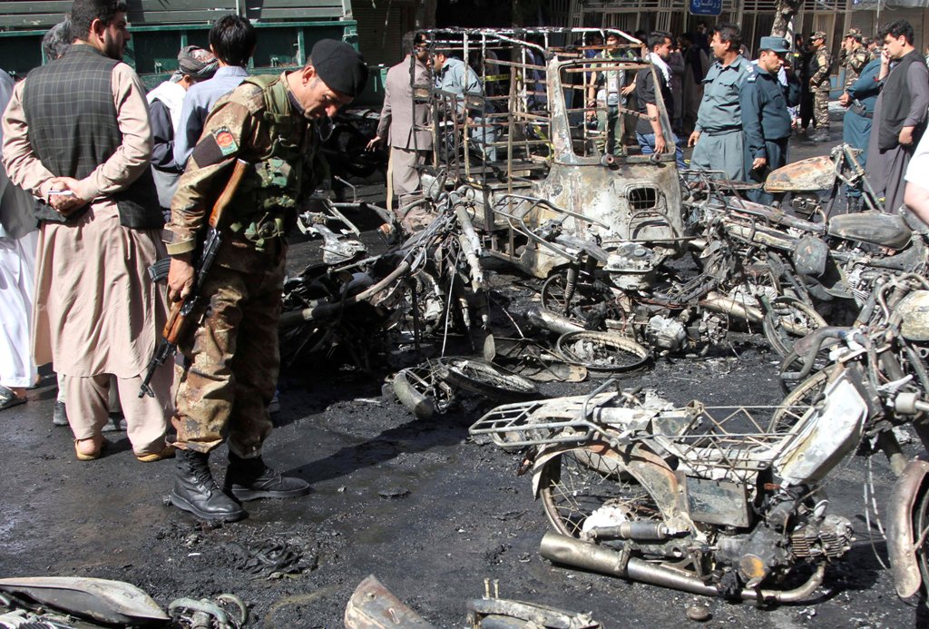 Afghan security force inspects at the site of a blast in Herat, Afghanistan June 6, 2017. REUTERS/Mohammad Shoib.