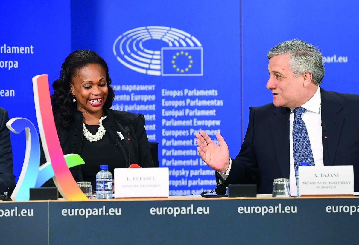 France's Sports Minister Laura Flessel (left) and European Parliament President Antonio Tajani address a press conference after a presentation of the Paris bid for the 2024 Olympics at the European Parliament in Brussels.
