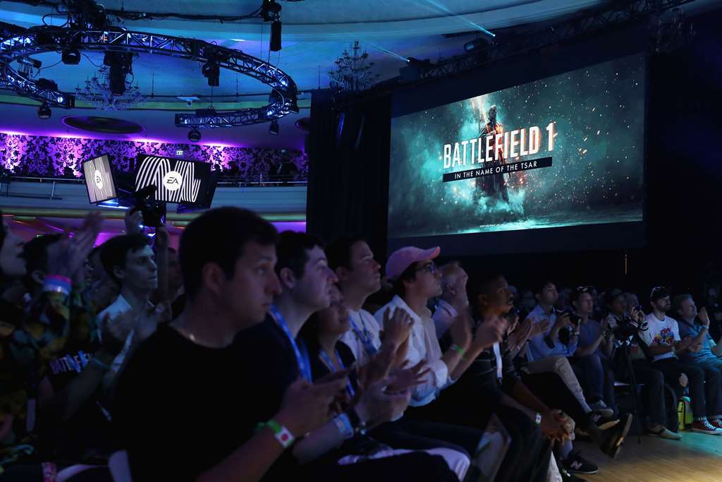 Game enthusiasts and industry personnel watch scenes from 'Battlefield One' during the Electronic Arts EA Play event at the Hollywood Palladium on June 10, 2017 in Los Angeles, California. Christian Petersen/Getty Images/AFP
