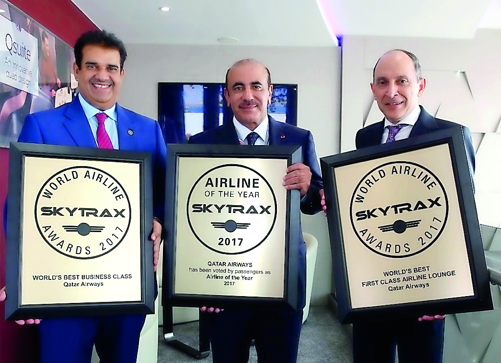 Qatar Airways Group Chief Executive, Akbar Al Baker (right), holding Skytrax Airline of the Year award with other officials, at Paris Air Show, yesterday. 