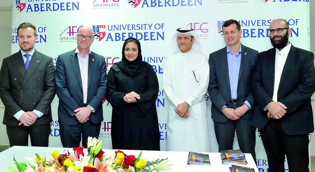 The Chief Executive Officer of AFG College with the University of Aberdeen,  Dr Sheikha Aisha bint Faleh Al Thani (third left), and other officials during the open event at AFG College yesterday. Pic: Kammutty VP / The Peninsula
