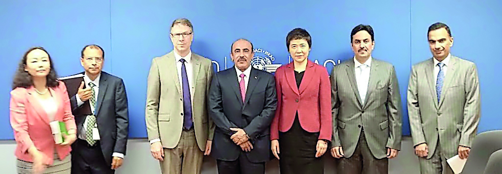 Minister of Transport and Communications H E Jassim Saif Ahmed Al Sulaiti with ICAO officials in Montreal.