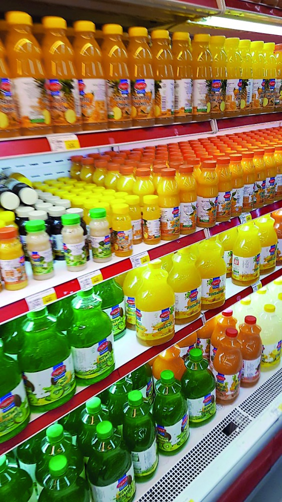 Varieties of juices from Oman displayed at a commercial outlet in Ain Kahlid.
