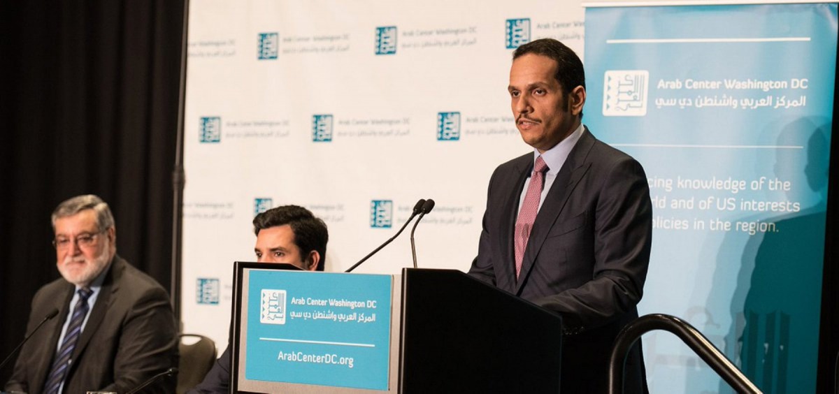 Foreign Minister H E Sheikh Mohammed bin Abdulrahman Al Thani in a gathering hosted by the Arab Center in Washington.