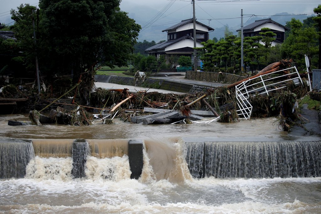 An area damaged by swollen river after heavy rain is seen in Asakura, Fukuoka Prefecture, Japan July 6, 2017. REUTERS/Issei Kato.