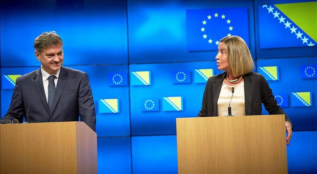 High Representative of the European Union for Foreign Affairs and Security Policy, Federica Mogherini and Chairman of Council of Ministers of Bosnia and Herzegovina, Denis Zvizdic hold a press conference after their meeting in Brussels, Belgium on July 10