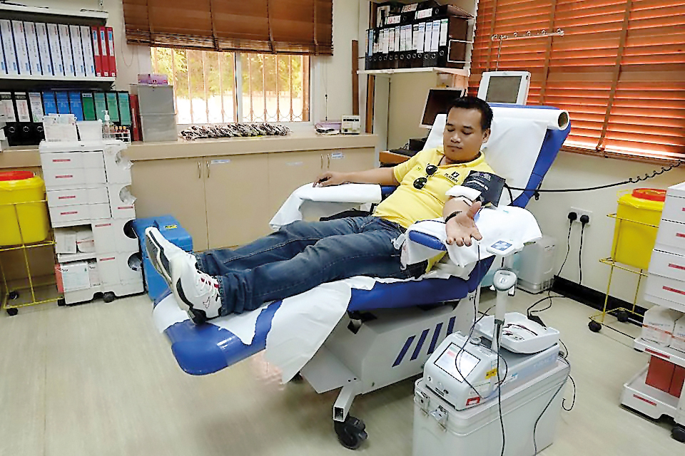 One of the blood donors at a blood donation campaign at HMC Blood Donor Center, yesterday.