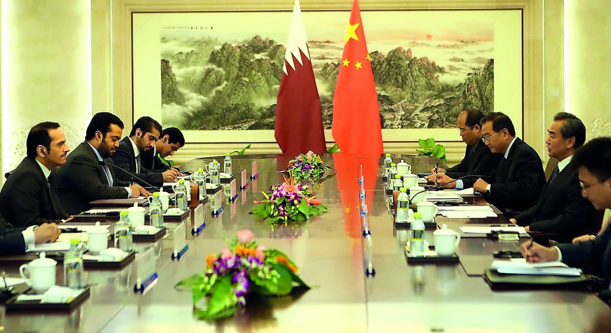 Qatar’s Foreign Minister H E Sheikh Mohammed bin Abdulrahman Al Thani meeting with his Chinese counterpart, Wang Yi, in Beijing, yesterday.