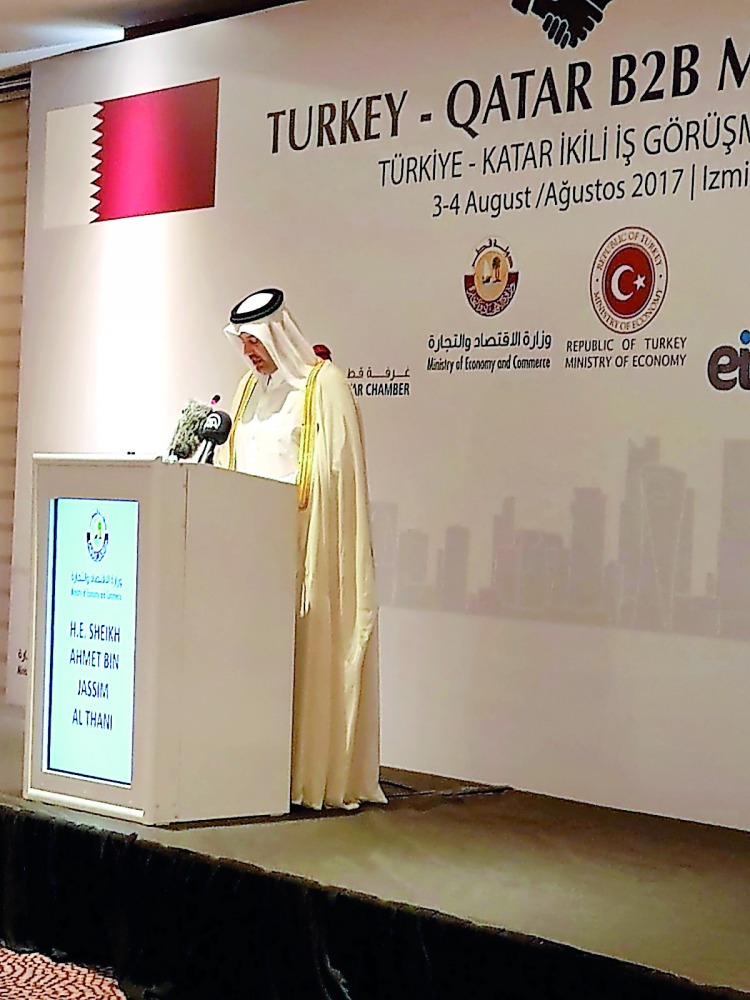 The Minister of Economy and Commerce, H E Sheikh Ahmed bin Jassim bin Mohammed Al Thani, at the Turkey-Qatar B2B meeting in the Turkish city of Izmir, yesterday.