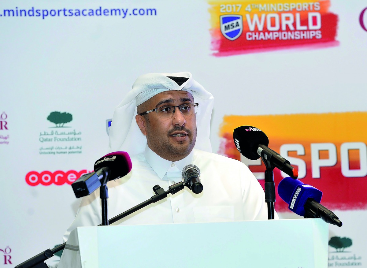 Hassan Al Ibrahim, Chief Tourism Development Officer at QTA, speaking at the Mindsports World Championships which kicked off at DECC yesterday.Pic:KammuttyVP / The Peninsula 