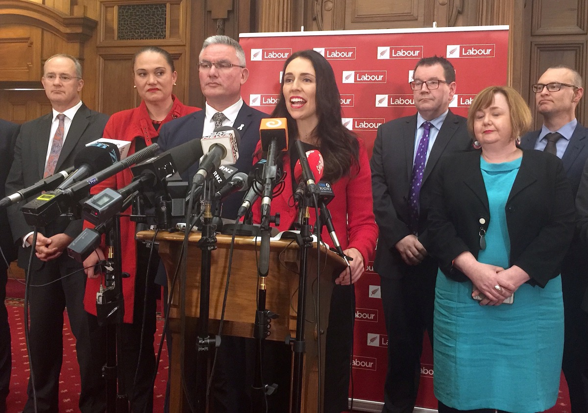 New Zealand's new opposition Labour party leader, 37-year-old Jacinda Ardern, speaks next to colleagues during a media conference in Wellington, New Zealand August 1, 2017. Picture taken August 1, 2017. Reuters/Charlotte Greenfield