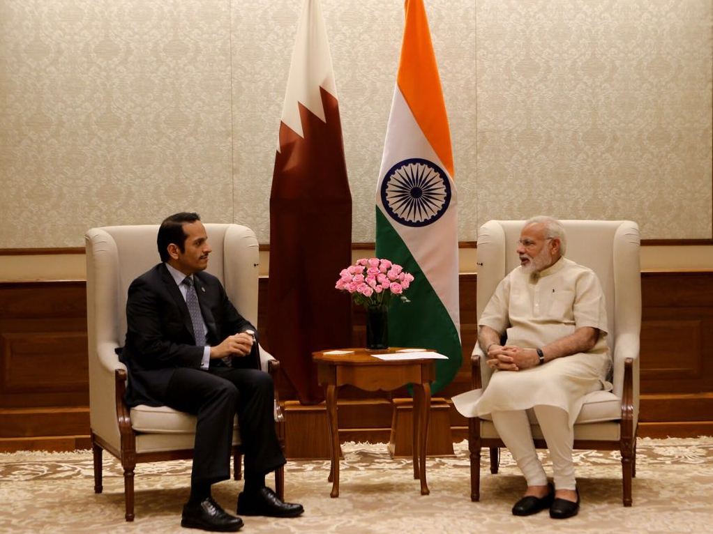 he Foreign Minister H E Sheikh Mohammed bin Abdulrahman Al-Thani talking with Indian prime minister Narendra Modi in New Delhi today.