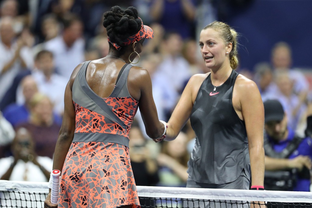 Venus Williams of the United States (L) shakes hands with Petra Kvitova of the Czech Republic (R) after their match on day nine of the U.S. Open tennis tournament at USTA Billie Jean King National Tennis Center.  Geoff Burke
