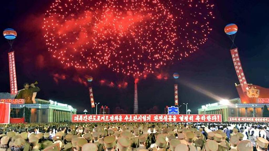 Tens of thousands of people gathered in Kim Il-Sung Square for a mass celebration and fireworks display for scientists involved in North Korea's nuclear test. (Photo: AFP/KCNA via KNS).