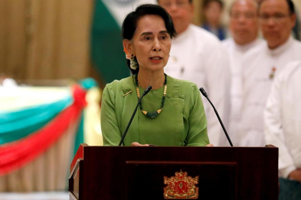FILE PHOTO: Myanmar State Counselor Aung San Suu Kyi talks during a news conference with India's Prime Minister Narendra Modi in Naypyitaw, Myanmar September 6, 2017. REUTERS/Soe Zeya Tun.