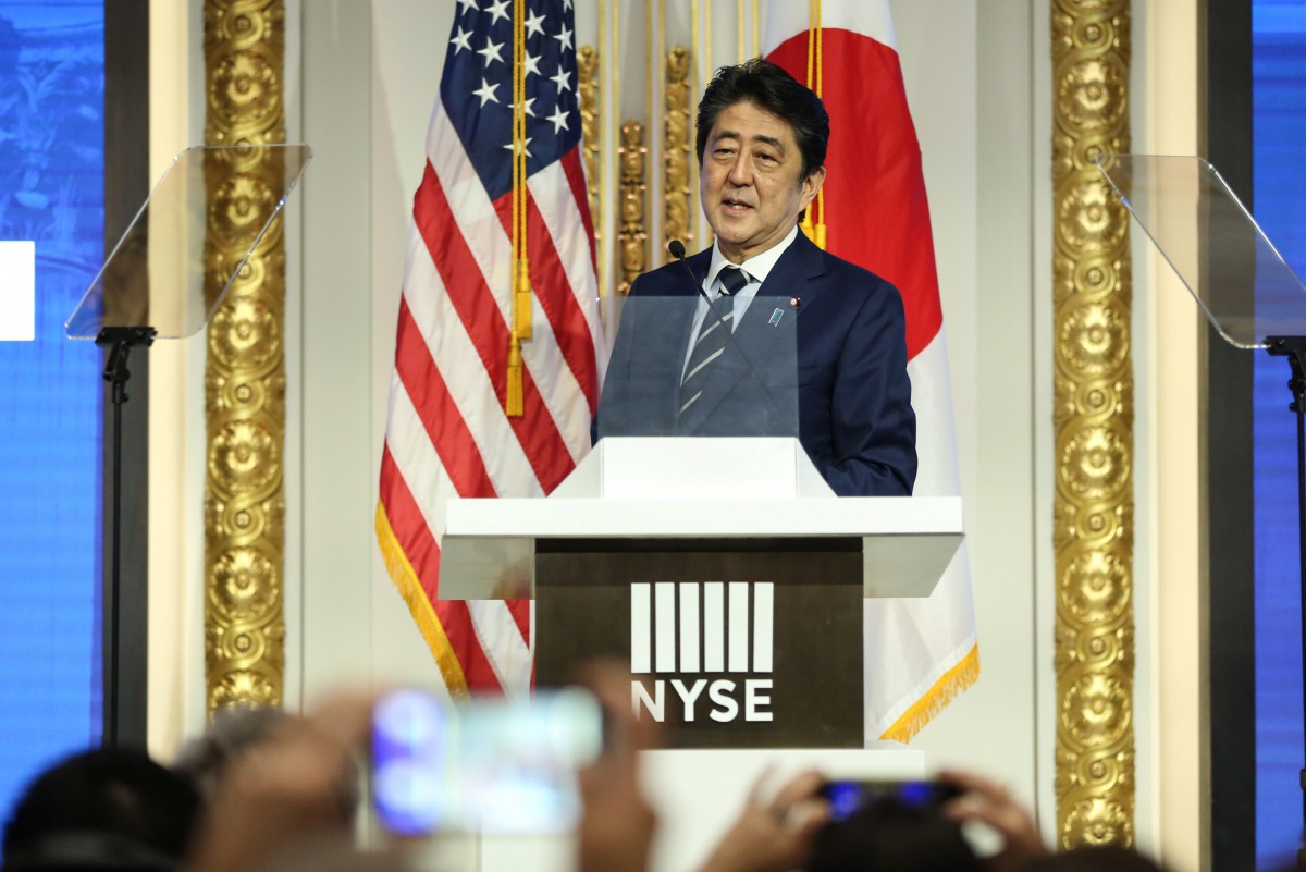 Japanese Prime Minister Shinzo Abe delivers a speech on Japan's economy and investment-friendly reforms at New York Stock Exchange in Manhattan, New York, U.S., September 20, 2017. Reuters/Amr Alfiky