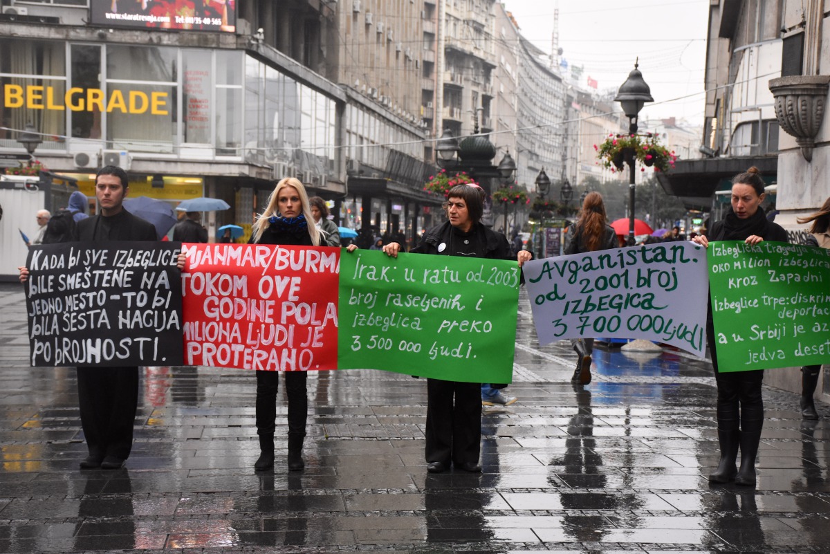 Peace demonstrators hold banners reading 'Peace is a right for everyone' and 'Stop War, Stop Terrorism' during a peace protest in Belgrade, Serbia on September 21, 2017. Youth Initiative for Human Rights (YIHR) and Woman in Blacks gather to mark 21th Sept