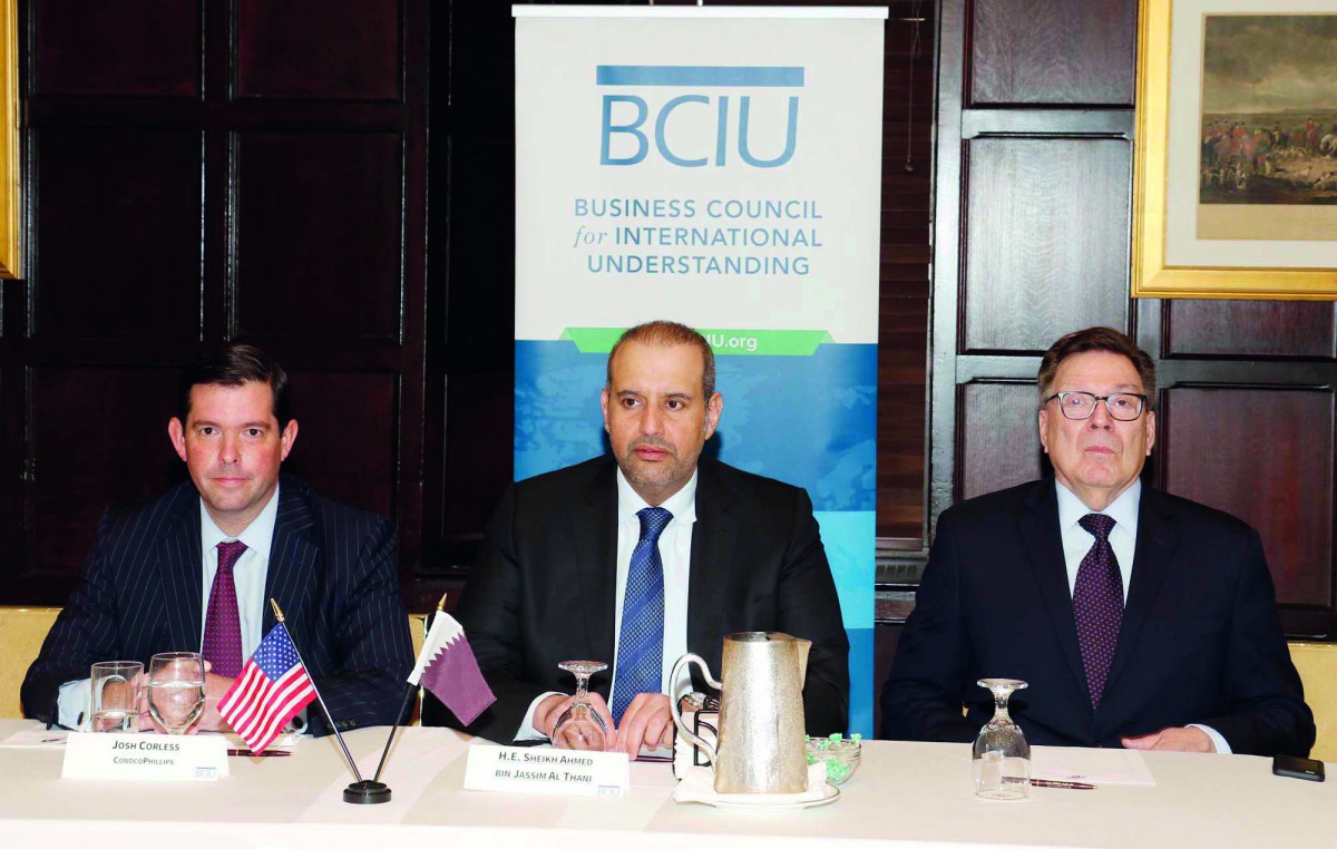 Minister of Economy and Commerce H E Sheikh Ahmed bin Jassim bin Mohammed Al Thani (centre), attending a session organised by the Business Council for International Understanding at Harvard Club in New York, yesterday.